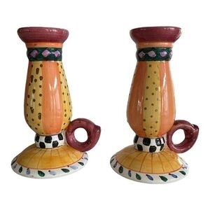 Pair Ceramic Teacup Candle Holders 6.75" Multicolored Figurine Set of 2 Vintage